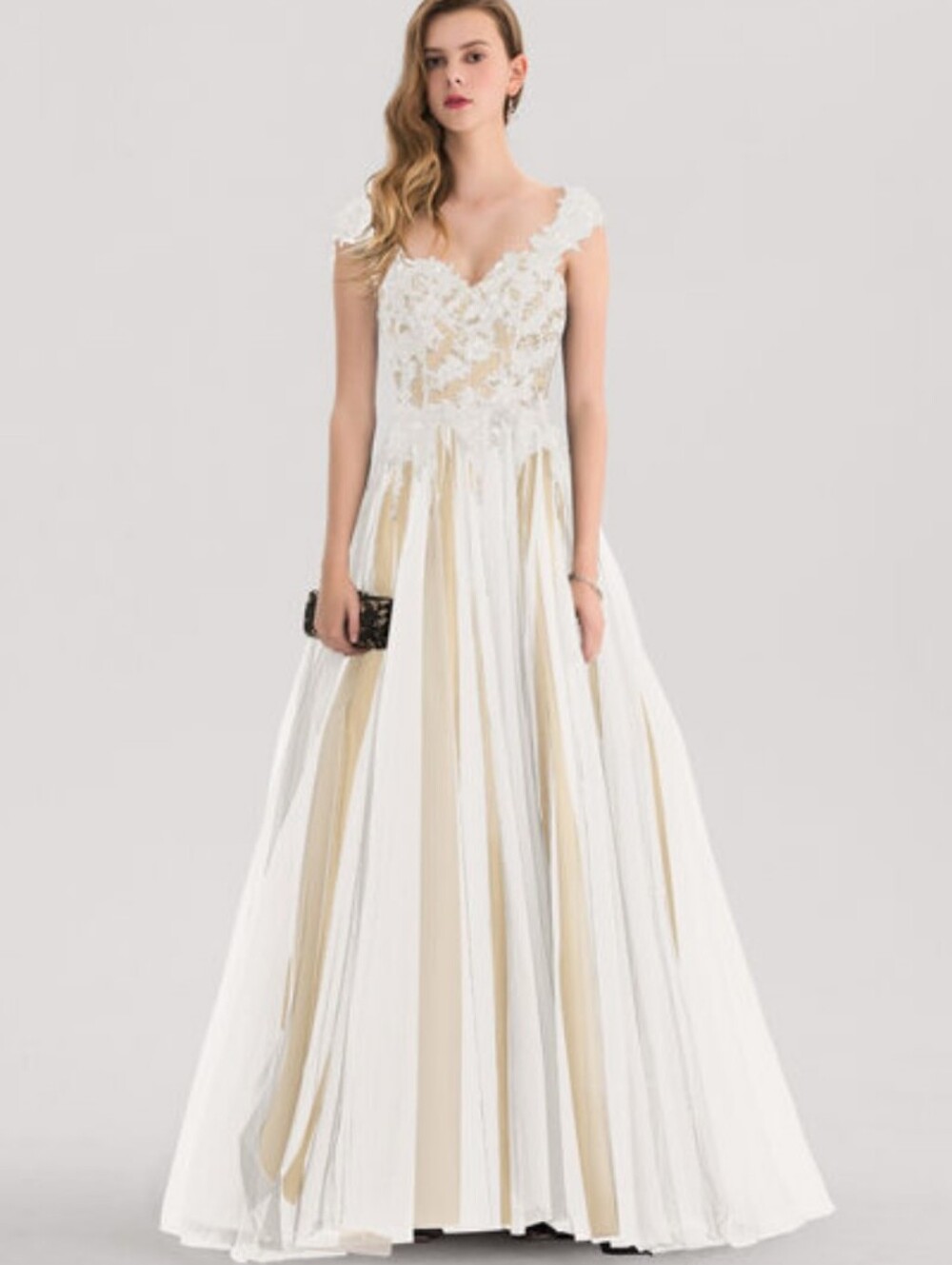 JJ's Elegant Ivory And Champagne Lace Appliqué Evening Or Unique Bridal Gown